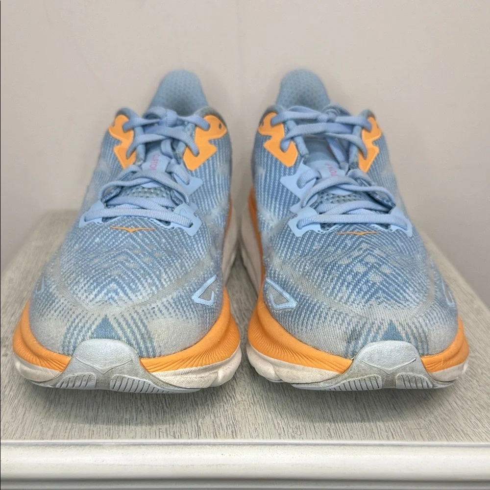 Hoka One One Clifton 9 Women’s Airy Blue and Orange Athletic Shoes Size 11
